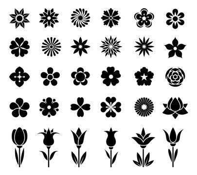 Flowers icon set. Collection of beautiful signs of flowers. Black silhouette on white background. Design element for summer, spring backgrounds and holiday decorations. Isolated. Vector illustration