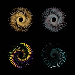 Dots in Circle Form . Spiral colorful on black background.  Vector Illustration. Technology round Logo . Design element . Abstract Geometric shape .