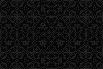 3D volumetric convex embossed geometric black background. Beautiful original pattern with ethnic ornament in stained glass style. Islam, Arabic, Indian, Ottoman motives.