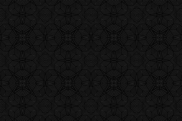 3D volumetric convex embossed geometric black background. Beautiful trendy pattern with ethnic ornament in stained glass style. Islam, Arabic, Indian, Ottoman motives.