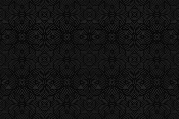 3D volumetric convex embossed geometric black background. Beautiful trendy pattern with ethnic ornament in stained glass style. Islam, Arabic, Indian, Ottoman motives.
