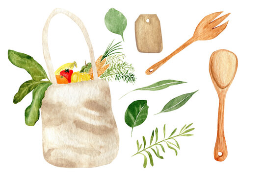 Watercolor clipart of product bag, leaves, wood spoon and fork. Eco collection. Zero waste set. 
