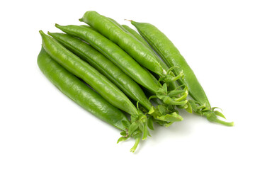 Pods of green sweet peas isolated on white background.