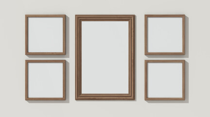 Wooden frames on white wall. 3D render wooden frame mock up. Empty interior. 3D illustrations. 3D design interior. Template for business.