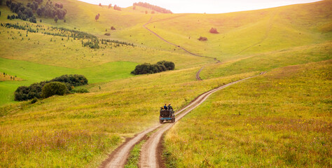 Banner background car ATV tour of Russia Altay travel to national parks safari trip or savannah © Parilov
