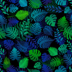 Naklejka na ściany i meble Seamless pattern with exotic jungle plants. Tropical palm leaves. Rainforest illustration, multicolored on black background.