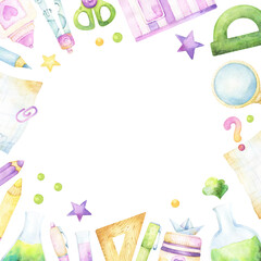 Colorful square watercolor back to school frame with craft and art supplies, stationery items, such as notepad, planner, brushes, letters, numbers, pens and pencils