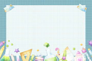 Rectangular template with watercolor illustrations of back to school and science class supplies, pens, pencils, laboratory glassware on green blue and white background