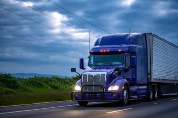 Stylish blue big rig semi truck transporting frozen cargo in refrigerator semi trailer running on...