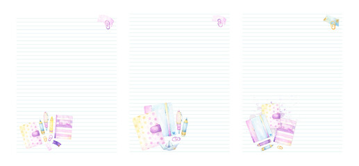 Set of 3 blank lined planner or diary pages with watercolor stationery graphics in the bottom, including notebooks, pencils, pens, paper clips in pink, purple, blue, yellow, cartoon illustration