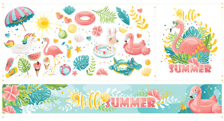 Summer sun vacation summer party vacation icons set. Wector illustration, drawing internet banners. Pink flamingo and sweet llama.