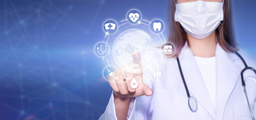 Doctor Hand touching a digital world with Health care and medical services icons, Health care and medical services, medical technology network concept.