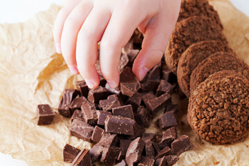 chocolate cookies close-up on an old kitchen table
