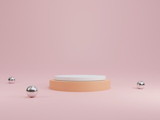 Minimal round pastel colour blank podium with pink background and metallic balls for showing product presentation , 3D rendering technical concept.
