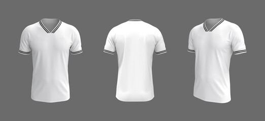 men's soccer t-shirt mockup in front, side and back views, design presentation for print, 3d illustration, 3d rendering