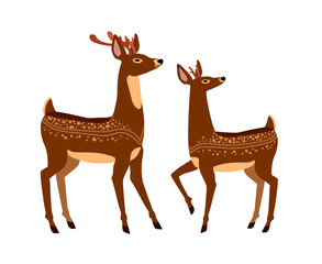 a family of fallow deer with decorative spots, male and female, Santa's pets, hoofed animals, color vector illustration isolated on a white background in a cartoon and flat design