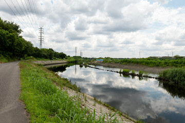 Fototapeta premium 曇り空と小川 さいたま市 芝川