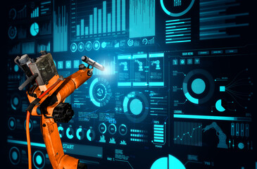 Robot arm AI analyzing mathematics for mechanized industry problem solving . Concept of robotics technology and machine learning for automated manufacturing process .