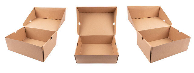Opened cardboard box on white background.