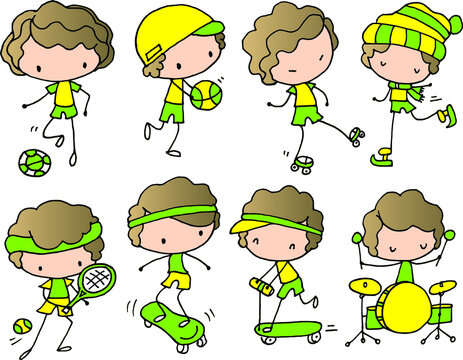 Vector illustration cartoon boy playing musical instruments, pulley, tennis, basketball, football, skating, scooter series