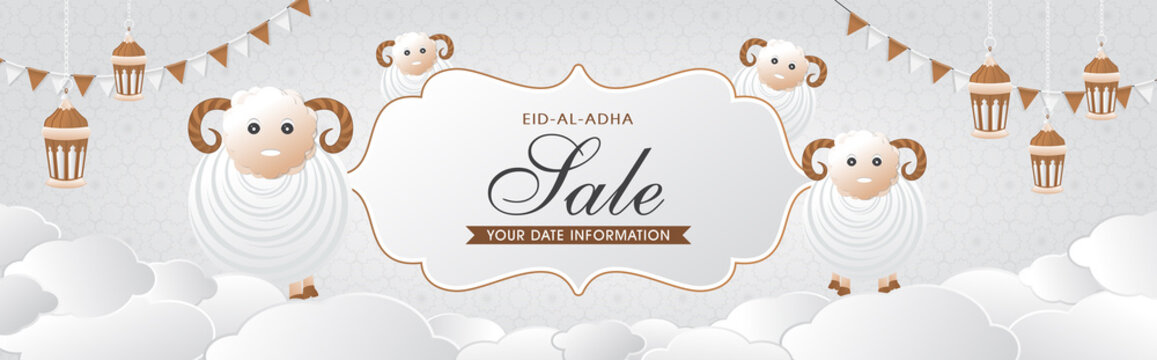 Eid al adha creative website sale banner with cute animal, lanterns and flags vector background