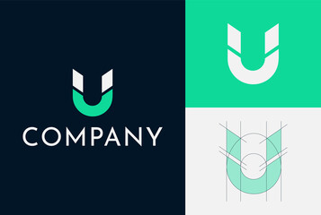Logo Design For A Magnet Company. Letter U Magnet Shape. Clean And Simple. Grid system. Green and blue colors are used. - obrazy, fototapety, plakaty