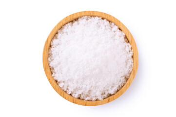 Fototapeta na wymiar Salt on wooden bowl on white background
