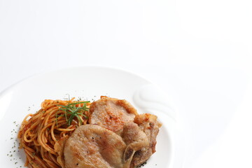 grilled golden bbq meat chicken cop pork cutlet beef steak with fried bolognese pasta noodle western main course cuisine menu