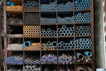 Industrial material, Variety type of pipe on shelf of warehouse selling