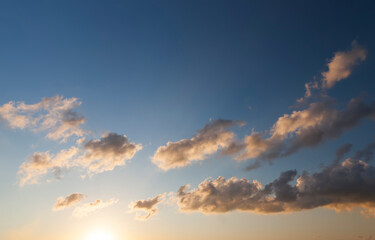 sun and clouds at sunset or sunrise, landscape in nature