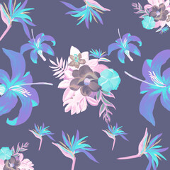Navy Pattern Botanical. Blue Tropical Exotic. Indigo Floral Plant. Violet Flora Plant. Cobalt Decoration Painting. Coral Wallpaper Design. Purple Spring Exotic.