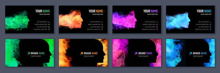 Big set of bright colorful business card template with vector watercolor head silhouette on black background - obrazy, fototapety, plakaty