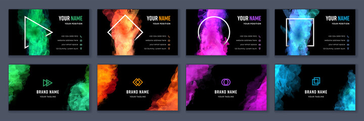 Big set of bright colorful business card template with vector watercolor black background