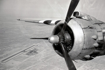 Engine shut down (feathered) on a twin engine North American B-25 Mitchell.