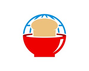 Red bowl with abstract globe and bread inside