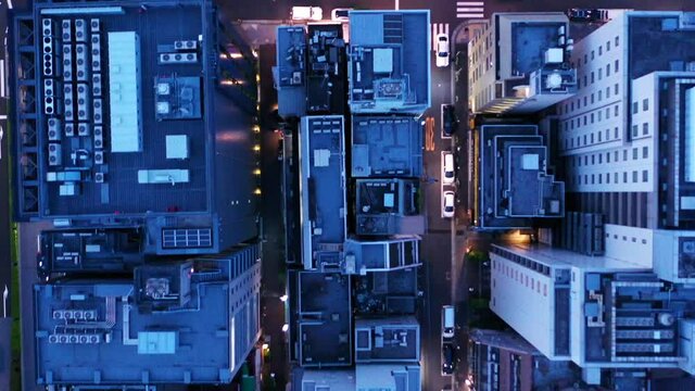 夜のビル群　道路の空撮