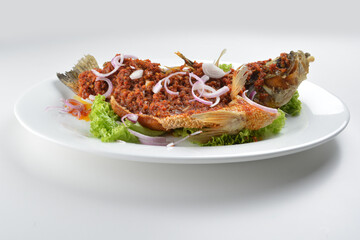 deep fried crispy whole grouper fish with spicy chilli onion sambal sauce asian Halal seafood menu