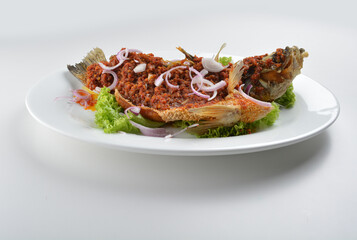 deep fried crispy whole grouper fish with spicy chilli onion sambal sauce asian Halal seafood menu