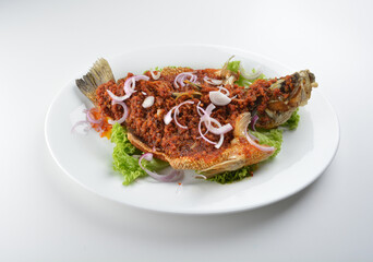 deep fried crispy whole grouper fish with spicy chilli onion sambal sauce asian Halal seafood menu