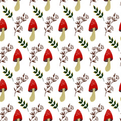 Pattern with fly agarics, leaves and herbs. Vector illustration. For packaging, prints, fabrics, shops, markets, tailor shops, covers, brochures and other decor.