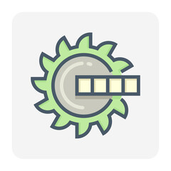 Excavator wheel bucket vector icon. Giant digger or big machine equipment with power and technology for spinning, digging to scoop coal, lignite, ore in mine, quarry or mining industry. 64x64 pixel.
