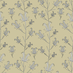 Black and white sprigs of bell flowers on a beige background. Floral seamless summer pattern. For wallpaper, tiles, fabrics.