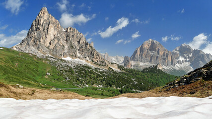 Mountain peaks and snow fields in the Italian Dolomites