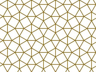 Tessellated repeating mathematical gold colored outline pattern of connected squares and triangles on a white background, geometric vector illustration