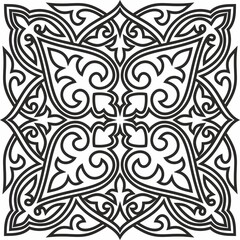 
Vector black and white Kazakh national pattern. Square monochrome ornament of steppe nomadic peoples.
