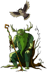 Wood Goblin and the owl, isolated vector illustration