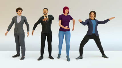 Fototapeta na wymiar business people joking in team man and woman dancing ridiculous 3D illustration