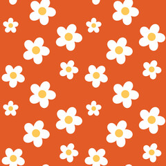 Retro 70s style white daisies scattered on a bold orange background. Seamless repeating vector background.