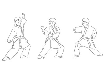 Set of illustrations of boys doing karate (white background, vector, cut out)