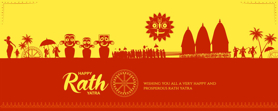 Lord Jagannath, Balabhadra and Subhadra on annual Rathayatra in Odisha festival background